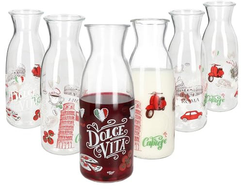 Ritzenhoff & Breker Set di 6 caraffe Palermo da 1 litro, brocca in vetro con decorazioni italiane, bottiglia di succo per acqua, latte, limonata, caffè, vino & Co.