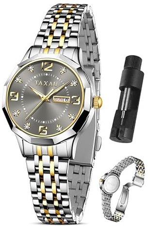 Taxau Kleid Uhren für Frauen Graues Zifferblatt Quarzuhren für Frauen Edelstahl Armbanduhr Luxus Diamant Wasserdicht Leuchtkalender Damenuhren Reloj para Mujer