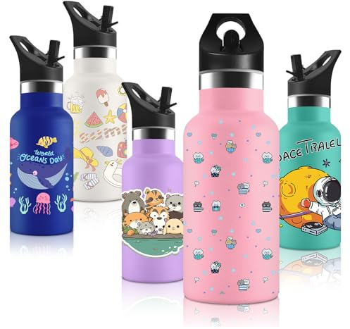 Vikaster Botella agua Acero Inoxidable con Tapa de Popote y asa, Botella Agua Niños 350ml, Botella Termica Reutilizable, Sin BPA, para Adultos, Niños, Escuela, Ciclismo, Gym, Deportiva