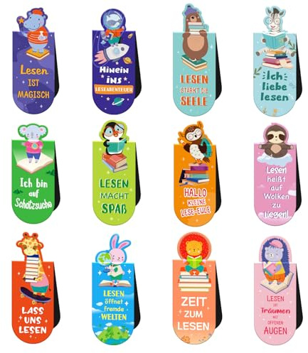 BETESSIN Magnetische Lesezeichen Kinder Einschulung Geschenk - 12 Stück Tiere Lesezeichen mit Sprüchen über das Lesen - Schultüte Füllung - Mitbringsel Kindergeburtstag - Kleine Geschenke für Schüler