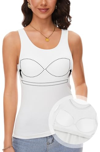 ANYFITTING Tank Top with Built in Bra Cup for Women Casual Wide Strap Sleevless Layer Camisole Yoga Tops Summer Cami S-3XL