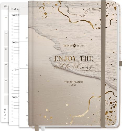 Lebenskompass Kalender 2025 Buchkalender A5 STRAND - Schöner Wochenplaner 2025 & Terminkalender 2025 - stabiles Hardcover mit edler Folienprägung