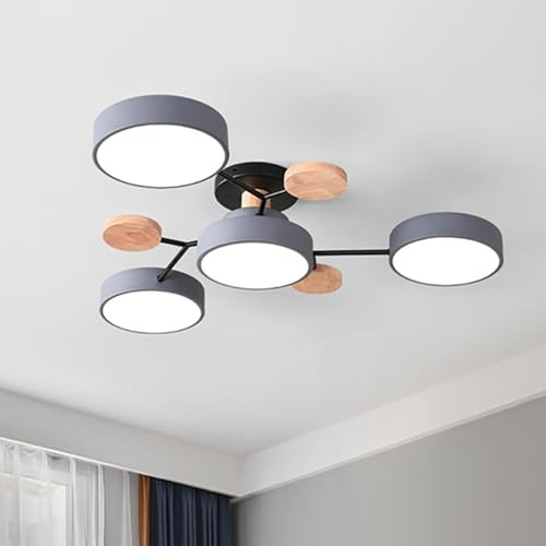 YLTLINK 80CM LED Deckenleuchte Holz 4-Flammige,48W 3 Farben Deckenlampe | Naturholz und Eisen,Acryl-Schirm,Augenschutz,Kreatives Verzweigtes Design,Wohnzimmer Heimdekoration,Wandschalter,Grau