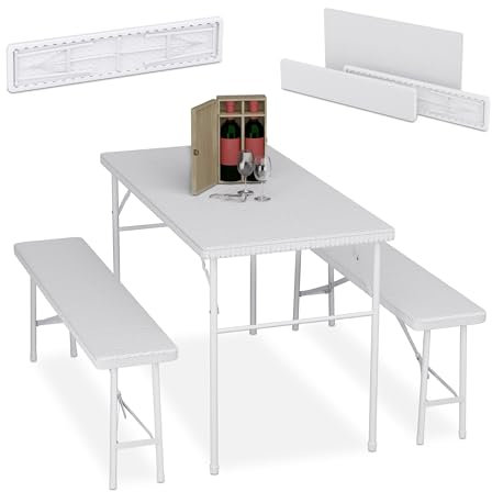 Relaxdays Bierzeltgarnitur klappbar, 3-TLG. Bierbank Set mit großem Tisch, Garten, Festzeltgarnitur, Rattanoptik, weiß