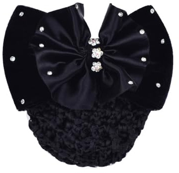 Professional Bowknot Decor Snood Net Hair Clip Rhinestone Satin Bow Barrette With Hair Net Hair Clip Bun Cover Hairnets Hair Accessories for Nurse Bank Worker Air Hostess(Black)