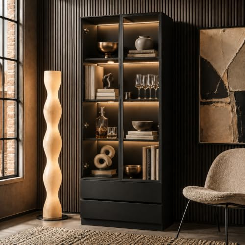 PREMTURE Vitrine, Vitrinenschrank,2 Türen 2 Schubladen Schwarzglas Vitrine für Wohnzimmer, Esszimmer, Büro, Küche, 80 * 36 * 200cm, MDF, Schwarz