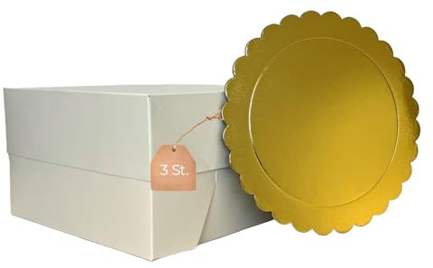 KITCHENDREAM 3 scatole per torte con 3 tavole rotonde ondulate coordinate, colore oro/argento, bianco, con base per torte, portacorta usa e getta, 25 x 25 x 15 cm