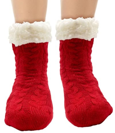 FUIPVGI Chausson Chaussette Femme, Chaussettes Tricotées épaisses Doublées de Polaire, Chaussettes Chaudes Antidérapantes, Chaussettes D'hiver Moelleuses Christmas Chaussettes (Vin Rouge)