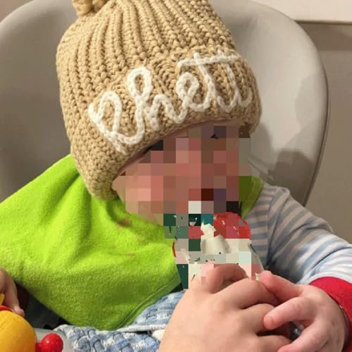 Keruidian Personalisierte Baby-Mütze mit Namen, gestrickte Bommelmütze, bestickte Mütze, Kleinkindmütze, Kindermütze, Geschenk für Kinder, Jugendliche, Kleinkinder, Neugeborene, Geschenk (Name