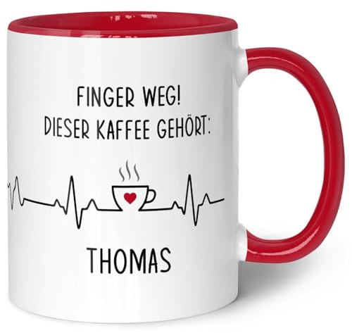GRAVURZEILE Bedruckte Tasse mit Spruch - Finger Weg! - Personalisiert mit Name - Lustige Geschenke für Arbeitskollegen im Büro Arbeit - Geschenk für Sie & Ihn - Spülmaschinenfest - Rot