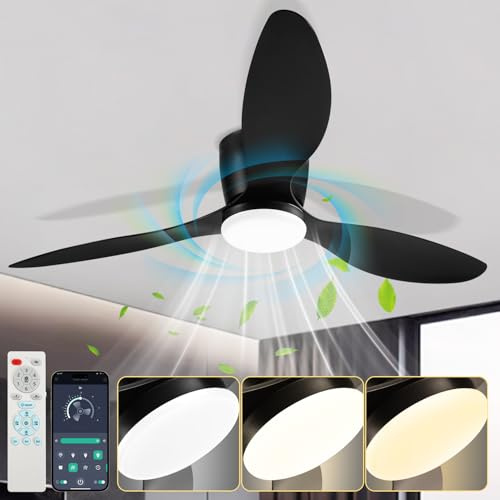 Jopassy Ventilatore da Soffitto con Illuminazione LED, 132 cm, 3 Pale, Dimmabile, Silenzioso, 6 Velocità, Controllo Remoto e App, Funzione Inversa per Camera da Letto e Soggiorno, Nero