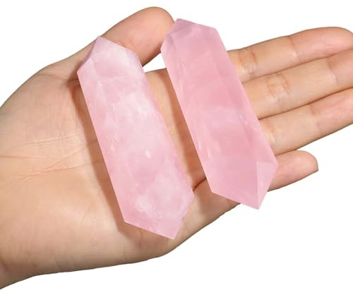 QINJIEJIE Rose Quartz Crystal Wand Large Rose Quartz Healing Crystals Tower 3.5 Natural Hexagon Double Point Stones Meditation Divination Reiki Pink Protection Crystals Gifts for Beginners Women