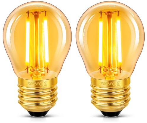 2 Stück E27 LED 2W Edison Vintage Glühbirne, G45 Vintage Glühlampe, Ersetzt 20W Glühlampen, Warmweiß 2200K Bernstein Glas Lampe, Nicht Dimmbar, Nostalgische Dekoration für Zuhause, Hotel, Café, Bar