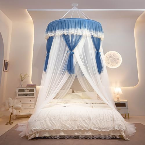 Mengersi Betthimmel für Mädchen, Betthimmel, Bettvorhänge, doppellagig, durchscheinendes Netz, runde Spitze, Prinzessinnen-Moskitonetz für Doppelbett, Queen-Size-Bett, Schlafzimmer, Dekoration (blau)