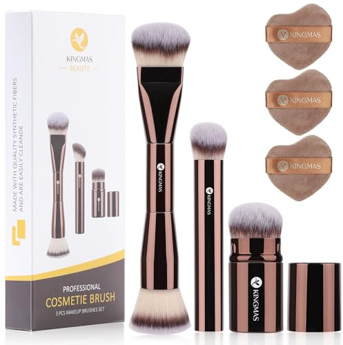 KINGMAS Makeup Brush Powder Puff Set, Foundation Concealer Contour Makeup Brushes, Flawless kabuki Brush Face Velour Puff for Foundation Blush Bronzer Contour Concealer, 3 Brushes & 3 Powder Puff