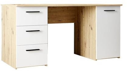 Forte NET307 Schreibtisch 140, moderner Schreibtisch mit 3 Schubladen und 1 Schranktür, Holzwerkstoff, Weiß mit Artisan Eiche Holzdekor, 138,2 cm breit x 75,3 cm hoch x 60 cm tief
