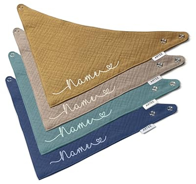 Personalisiertes Halstuch Set mit Name für Babies und Kleinkinder aus 100% Musselin Baumwolle jeweils in Größe S oder Größe M, 4 Stück Set