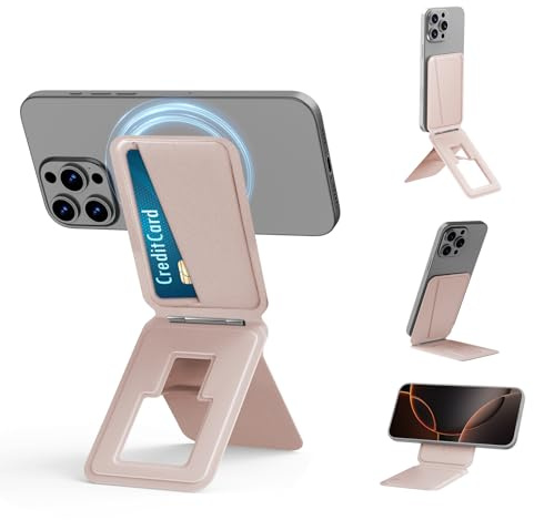 Bettdow Magnetic Tripod Stand for iPhone 17/16/15/14/13/12 Series, Portable Phone Tripod Stand with Card Holder for Self-Vlogging, Surfing, Macro Photography, Video Calls, Pink
