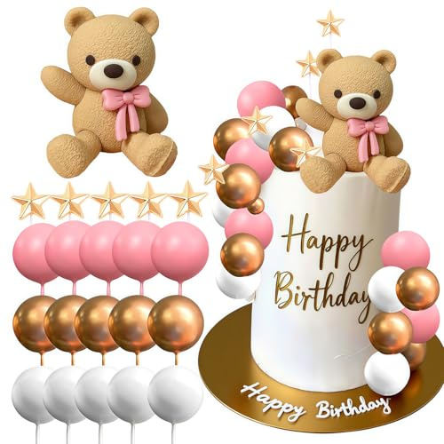 21pcs Bear Cake Decoration,Beige Brown Balls Cake Decoration