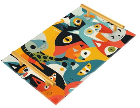 Plateaux de petit-déjeuner décoratifs avec poignées - Motif animaux abstraits colorés - Plateau de service pour bijoux, parfum pour table de service bandejas para cumpleanos