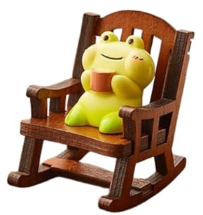JLEivvi 1 Set Miniature Frog Statue Charming Resin Frog Desk Ornament with Wooden Rocking Chair for Home Office Desk Decor
