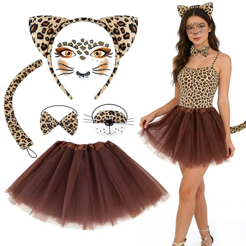 VorErgyllic Leopard/Cat/Zebra/Elephant/Frog/Tiger Costume Accessories Set, Ears Headband Tail Bow tie Tutu Skirt Face Sticker, Socks & Gloves for Girls Animal Carnival
