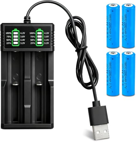 18650 Battery Charger Set with 4 Pack 3.7V 2200mAh Pointed Batteries, SGZIOO 18650 Rechargeable Battery, USB 2 Slot Charger with LCD Display Smart, for 26650 21700 14500 18650