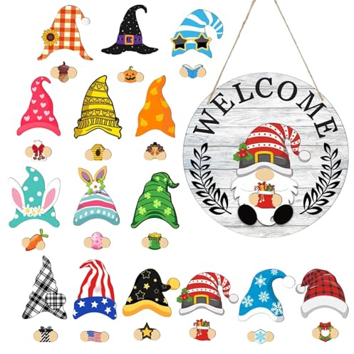 Türhänger Gnome, magnetisches Zubehör aus Holz, austauschbar, wiederverwendbar, Dekoration Gnome für saisonale Partys, für Familie, Haus, Garten, Innendekoration, Außen