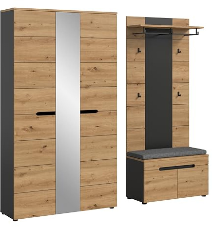xonox.home – Garderobenkombination Canu 200x190x37 cm in Artisan Eiche & Basaltgrau – 4-teiliges Set mit Schrank, Paneel & Sitzbank inkl. Sitzkissen – Komfort & Stauraum in hochwertiger Holzoptik