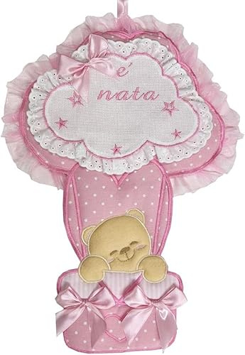 Micocca Baby Fiocco Nascita Rosa COCCARDA Mongolfiera con Forma di Nuvola con Tela Aida Personalizzato con Il Nome della Tua Bimba Lavorato del Tutto a Mano