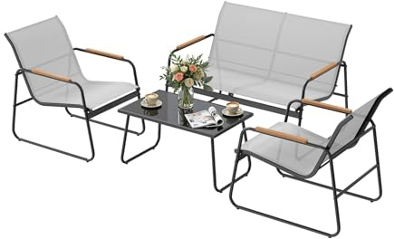 WOLTU 4-Piece Garden Furniture Set, 1 Table, 2 Terrace Chairs and 1 Bench, Weather-Resistant Outdoor Garden Set with Metal Frame and Fabric Seat, for Balcony Patio Terrace, Grey