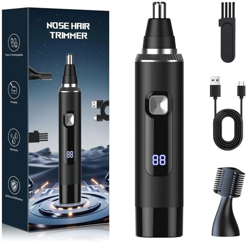 Nose Hair Trimmer for Men – 2-in-1 Rechargeable Ear and Nose Clipper with Eyebrow Groomer, IPX7 Waterproof, Dual-Blade Head, Digital Battery Display