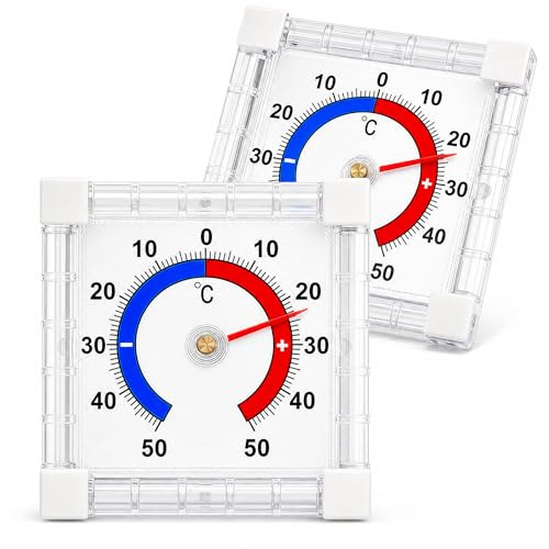 2 termometri da esterni per finestre, autoadesivi, +-50 °C, analogici, per interni, esterni, balcone, giardino, porta, compatto, in plastica, resistente alle intemperie, colore bianco (7,5 x 7,5 cm)