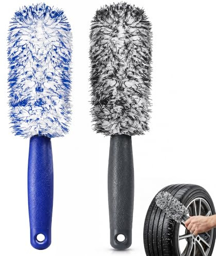 2 Pcs Wheel Brush, Car Wheel Cleaning Brush, Professional Vehicle Wheel Brushes Kit, No Metal Rim Detailing, Soft Dense Bristles, Scratchless Results for Cars Motorcycles Fenders Engine(Black Blue)