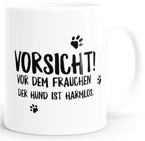 MoonWorks Kaffee-Tasse Vorsicht vor dem Frauchen der Hund ist harmlos! glänzend Weiss unisize