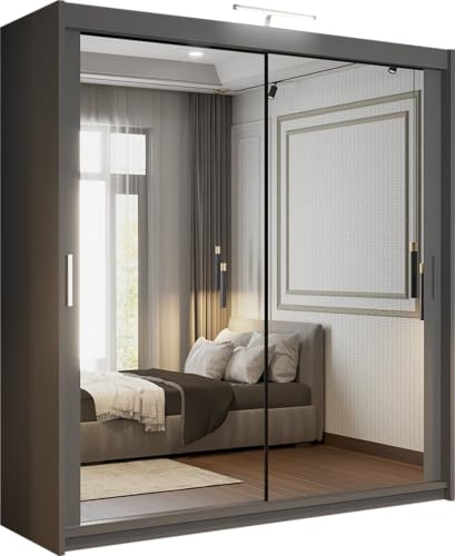 Mirror Double Sliding Door Grey Wardrobe 2 LED Light Option 90/120/150/180/203cm (203cm)