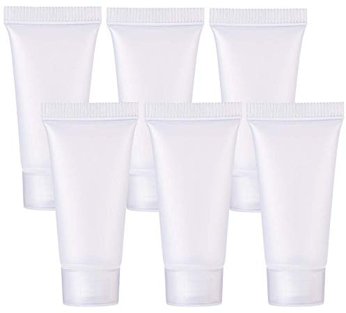 Alledomain 6 st 50 g tomma klämbara mjuka plaströr påfyllningsbara kosmetiska prover flaska behållare med flip-lock för gräddfärgad schamporengöring duschgel lotion – inkluderar 2 st trattar och 12 st