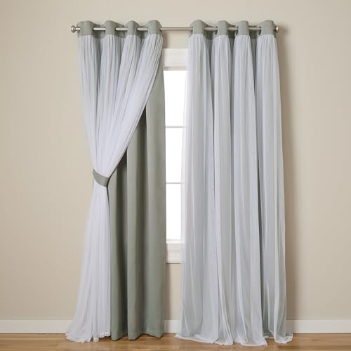 TOWN & COUNTRY LUXE Exclusive Home Curtains Exclusive Home Catarina Layered Solid Room Darkening Blackout and Sheer Grommet Top Curtain Panel Pair, Polyester, Soft Grey, 52x84