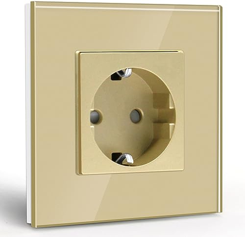BSEED Enchufe de Pared,Schuko Enchufe Simple con Panel de Cristal Oro,16A 250V Toma de Corriente,Enchufes de Extensión para Cocina,Dormitorio,Oficina,Hotel,etc