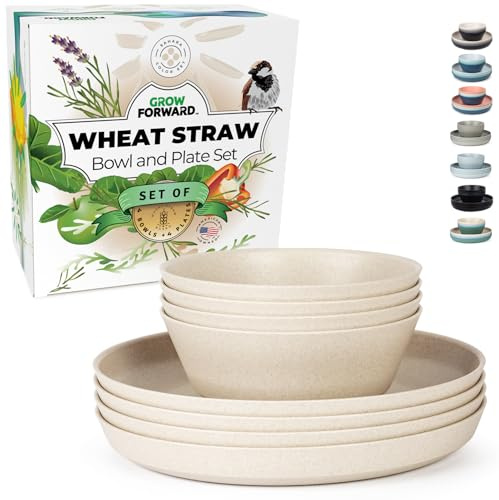 Grow Forward Premium Wheat Straw Plates and Bowls Sets - 8-Piece Wheat Straw Dinnerware Sets - Unbreakable & Reusable Microwave Safe Plastic Dinner Plates for Outdoors, RV, Camping Dishes - Sahara
