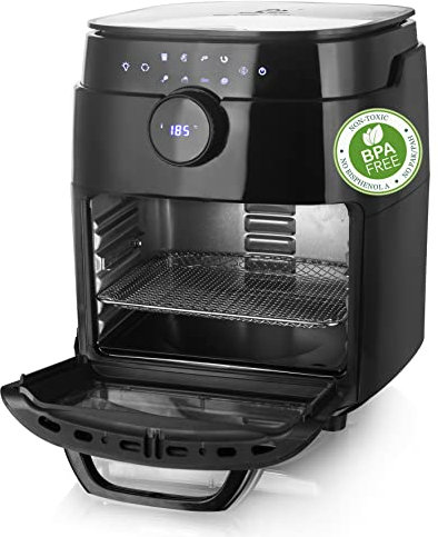 Emerio XXL-Heißluft-Fritteuse 13 Liter Airfryer BPA frei Smart Fryer Heißluft-Backofen Multi-Ofen mit Dreh-Spieß und Drehkorb Display Timer Dörrfunktion 1800 Watt AF-121914 schwarz