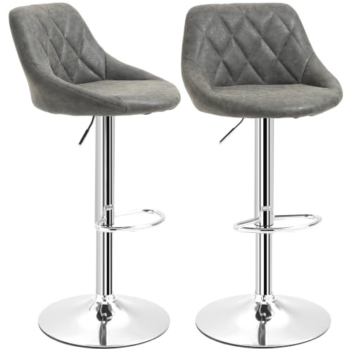 HOMCOM Set 2 Sgabelli da Bar Moderni 46x48x83-104cm Grigio Scuro e Argento | Sgabelli Cucina Alti Girevoli con Schienale e Poggiapiedi, Altezza Regolabile, Base in Metallo, Seduta Finta Pelle