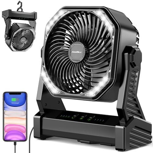 AddAcc 20000mAh Battery Operated Fan, Portable Camping Fan with Light and Hook, Rechargeable Desk Fan, 270° Pivot 4 Speeds Battery Powered Outdoor Fan for Tent Car Travel Sleep Hurricane Power Outages