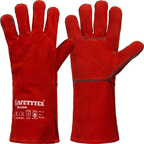 Safetytex Schweißerhandschuhe KREIEN - Hochwertige Lederhandschuhe für optimalen Schutz - Hitzebeständig - Größe 10, Farbe: Rot (1 Paar)