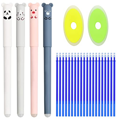 Xzeemo Löschbarer Gelstift, Süße Cartoon Gelstifte, 0,35 mm Radierbar Stifte Set, 4 Gelschreiber Llöschbar mit 20 Nachfüllungen und 2 Radiergummi, für Kinder, Studenten, Schreibwaren, Büro (Blau)