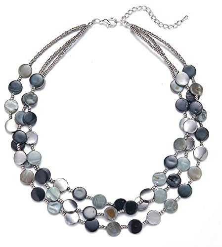 FULU AUTUMN Damen Statement Kette mit Steine Perlen Boho Silber Mehrreihige Kette Modeschmuck Die Besten Geschenke für Mütter(30-Black)