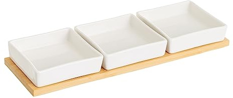 Juego de 3 platos de aperitivo blancos de porcelana con bandeja de bambú de 33x10 cm