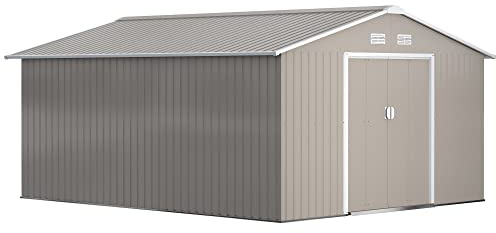 Outsunny Casetta da Giardino 12.4m² in Acciaio Zincato Grigio Chiaro | Capanno da Giardino Capanno Porta Attrezzi, Kit Fondazione, Prese d'Aria, Tetto Inclinato, Doppia Porta Scorrevole Bloccabile