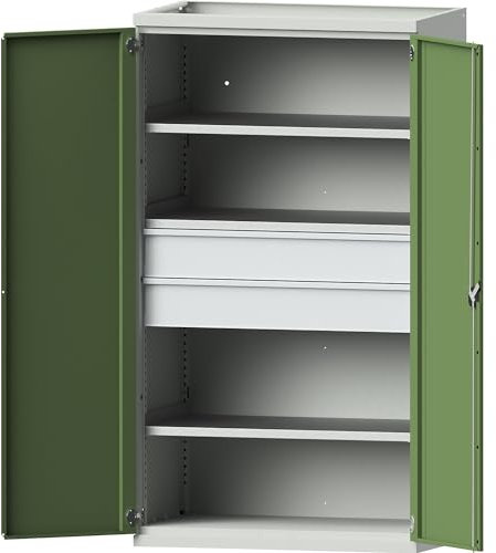 eurokraft | Schwerlastschrank aus Stahl | 3 Fachböden | 2 Schubladen 180 mm hoch | lichtgrau/resedagrün