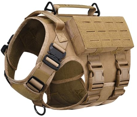 Vmokki Hundegeschirr mit 3 Taschen, 2 Griffe, 3 D-Ring Taktisch Gepolstert Verstellbar Molle Sicherheitsgeschirr Brustgeschirr für mittelgroße große Hunde (Braun, L)